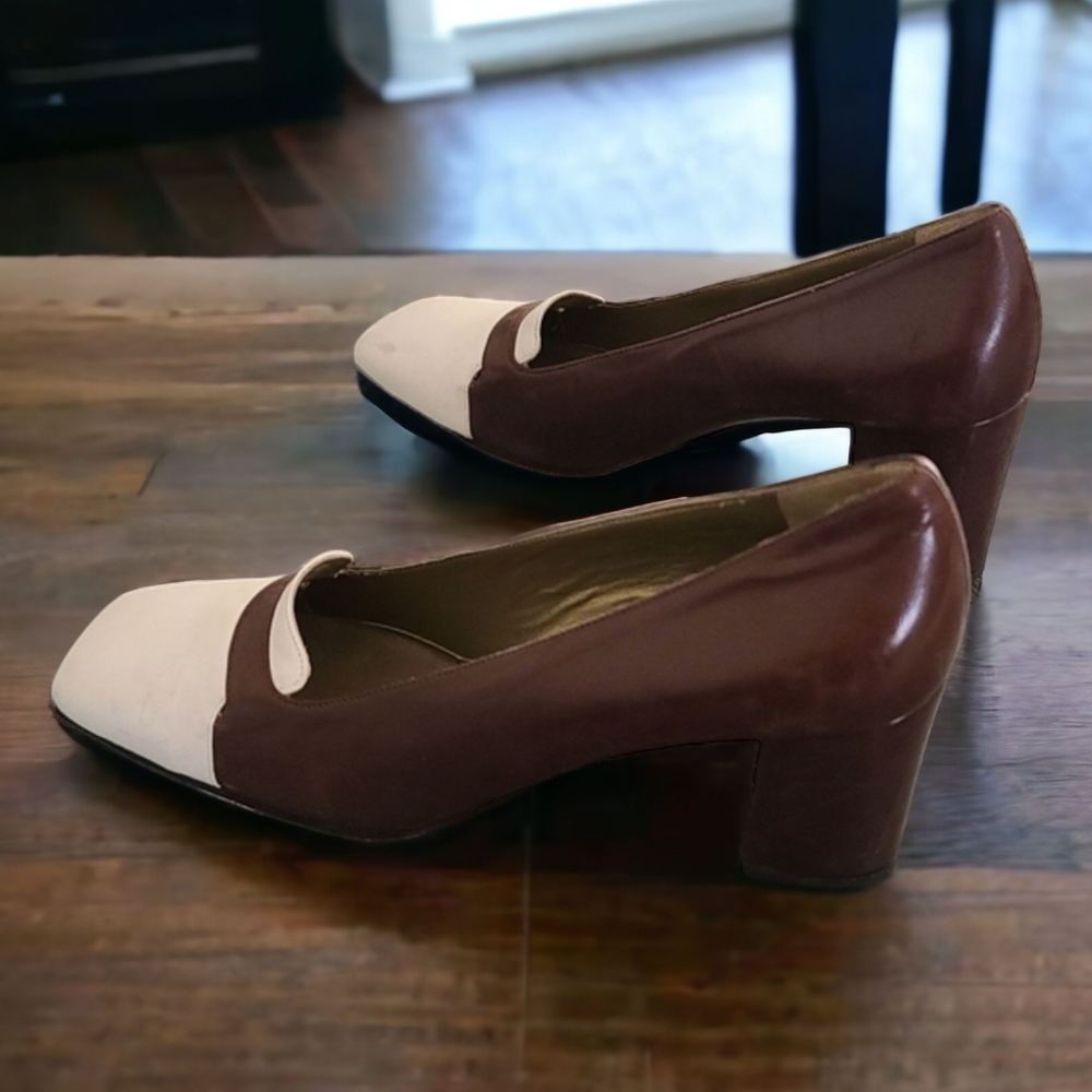 VTG YSL Retro Mod Square Toe Leather Pumps 8 N Heels Brown Yves Saint Laurent - Picture 14 of 16